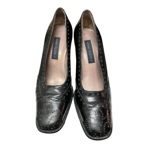 Vintage Anne Klein Black All Leather Wingtip Oxford Pumps Square Toe Italy 6 - Picture 13 of 16